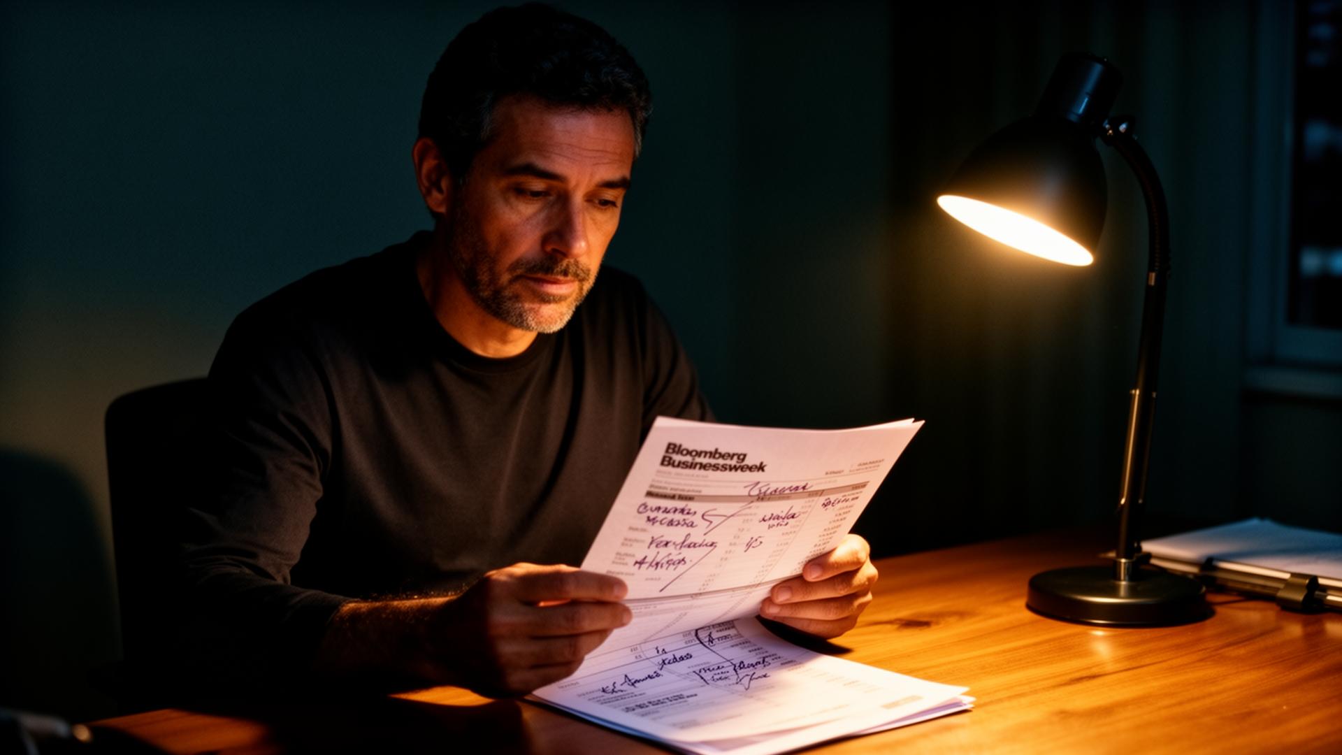 Dono de negócio analisando o relatório financeiro à noite